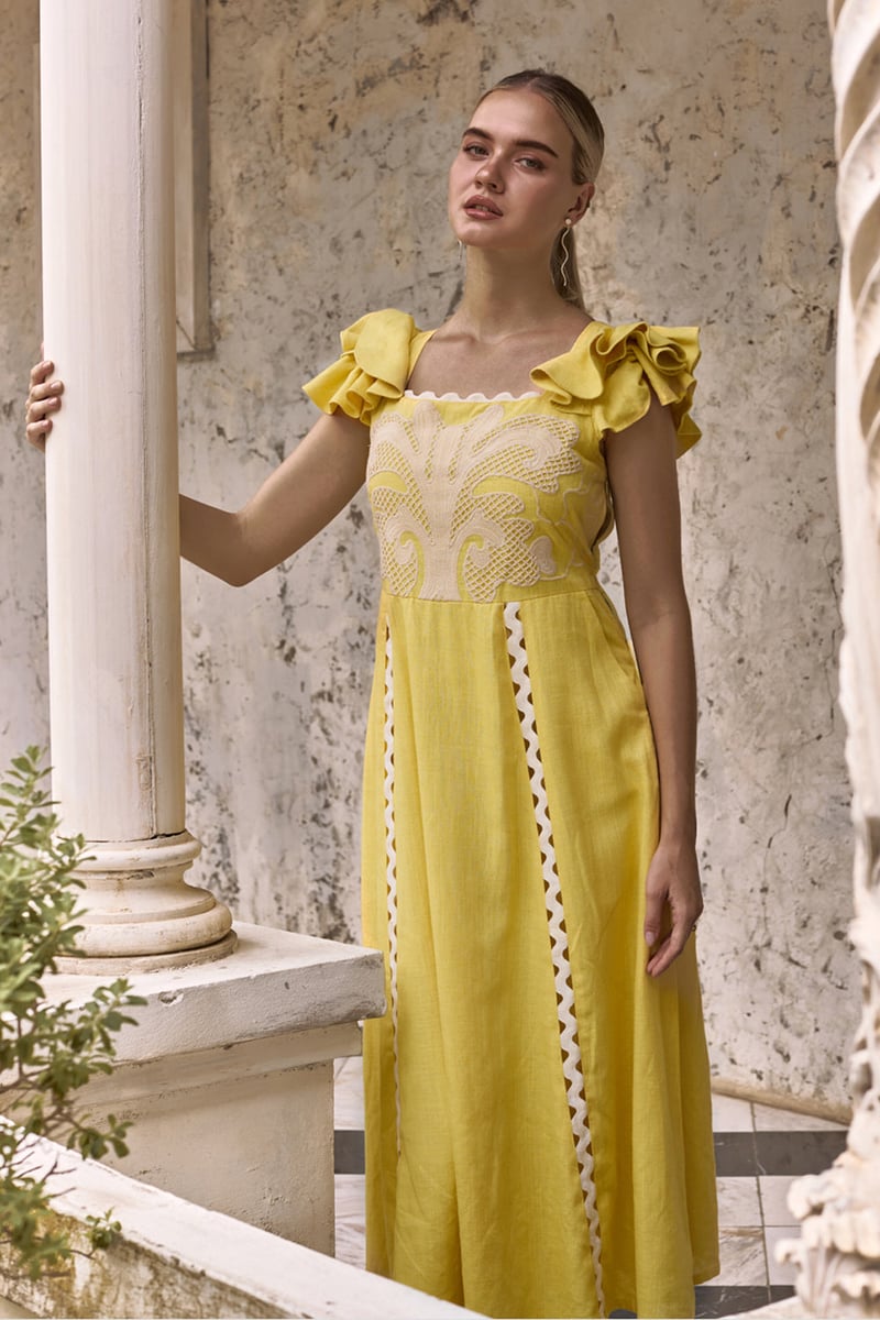Sunkissed Yellow Linen Embroidered A-Line Midi Dress