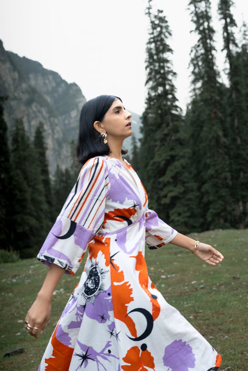 White Orange Printed Recycled Cotton Midi Dress