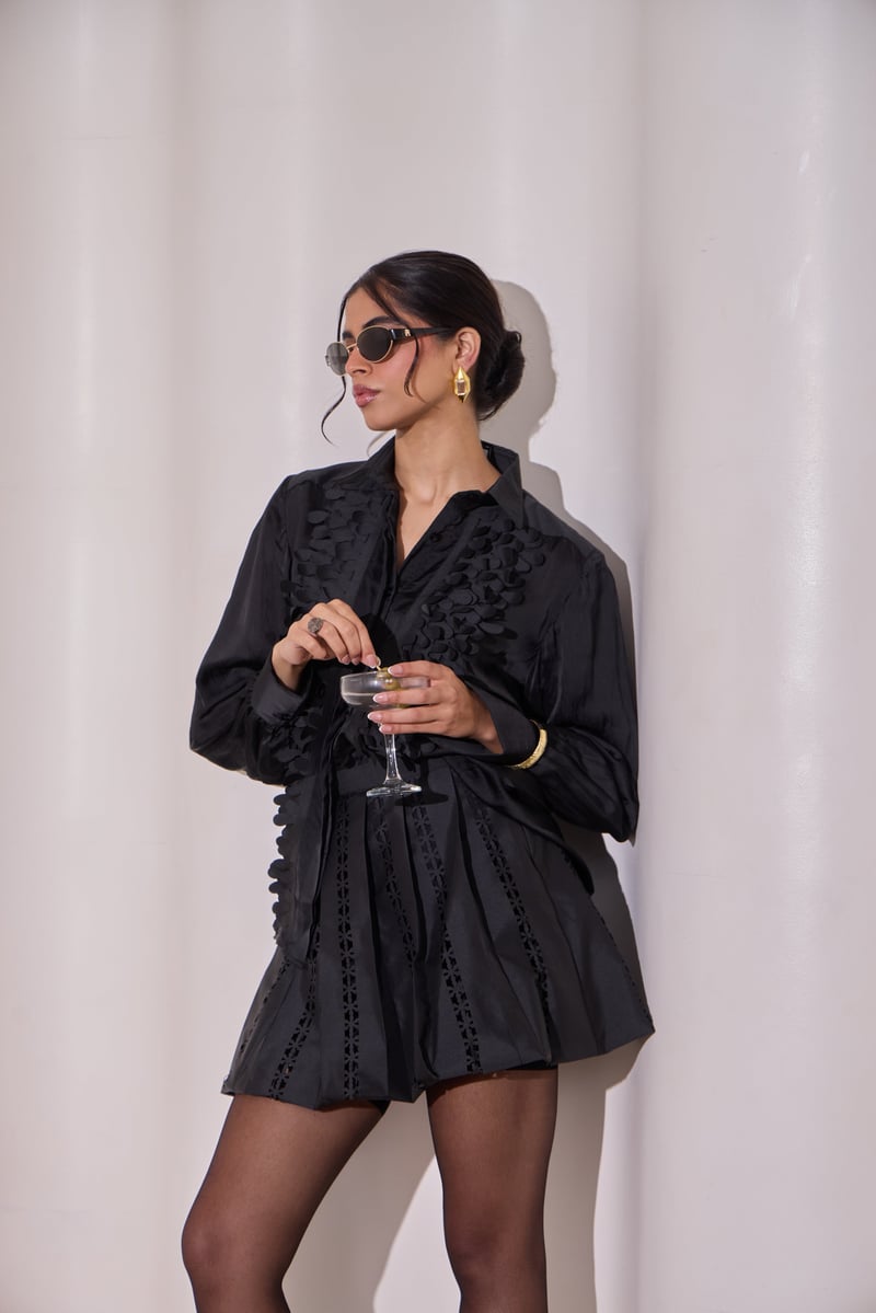 Black Satin Organza Applique Button-Down Shirt