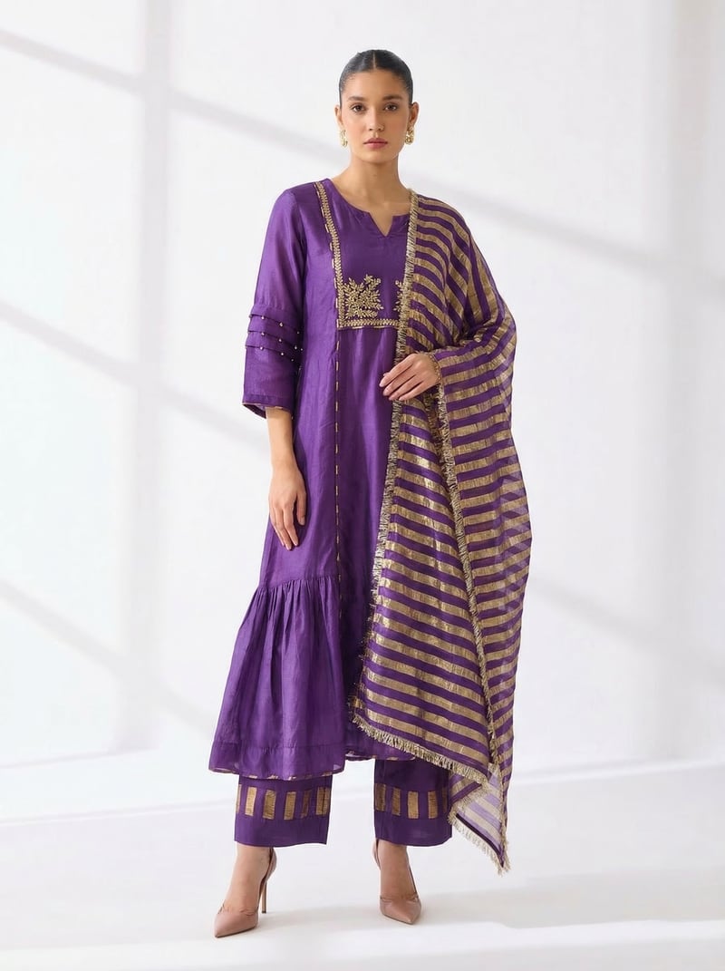 Purple Chanderi A-Line Kurta Set with Yoke Embroidery — Gulabik