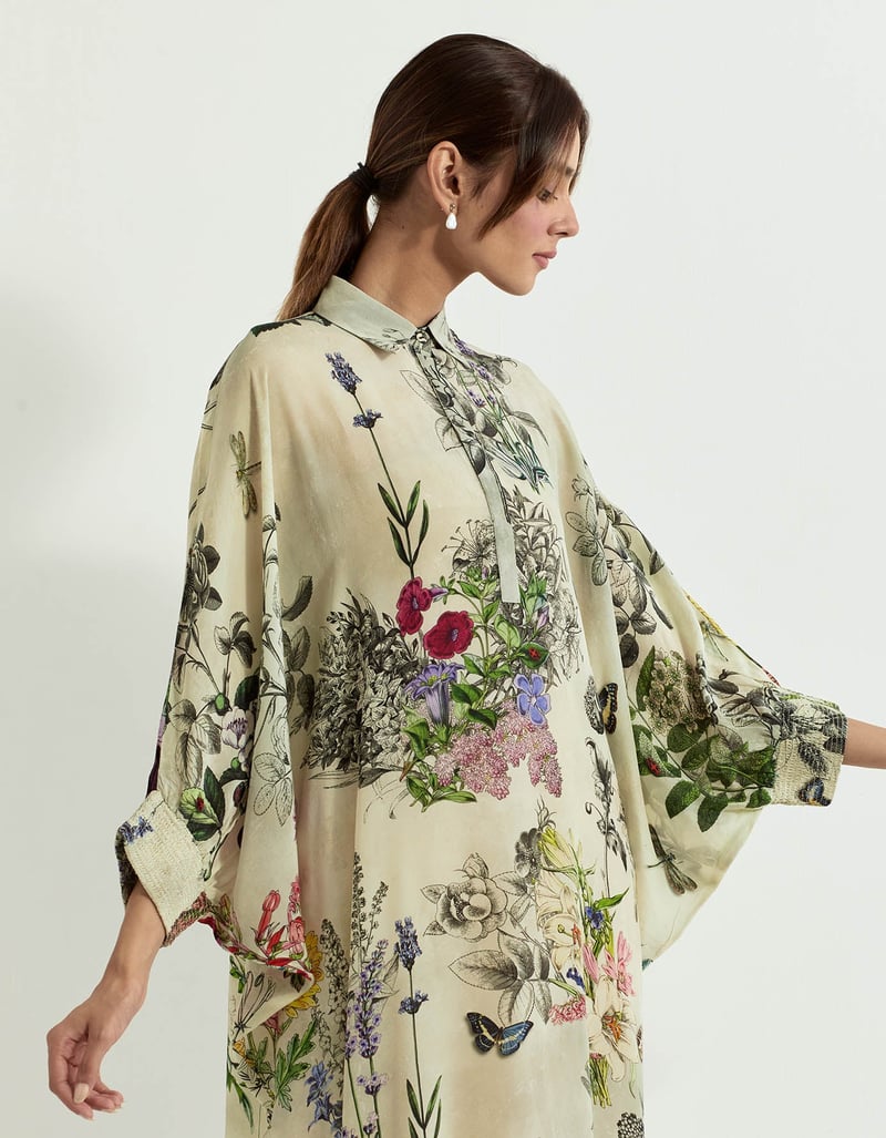 Multicolor Botanical Printed Crepe Kaftan Dress