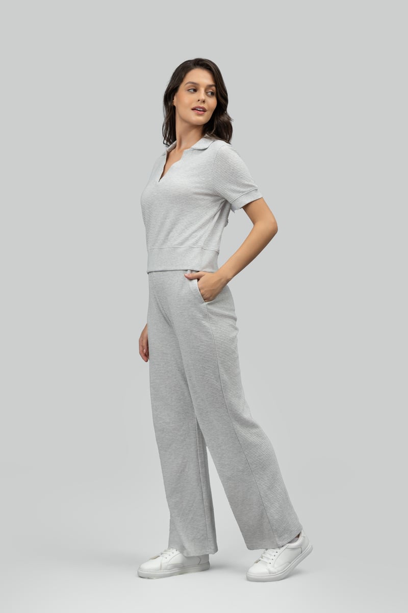 Grey Ottoman Rib Wide-Leg Lounge Pants