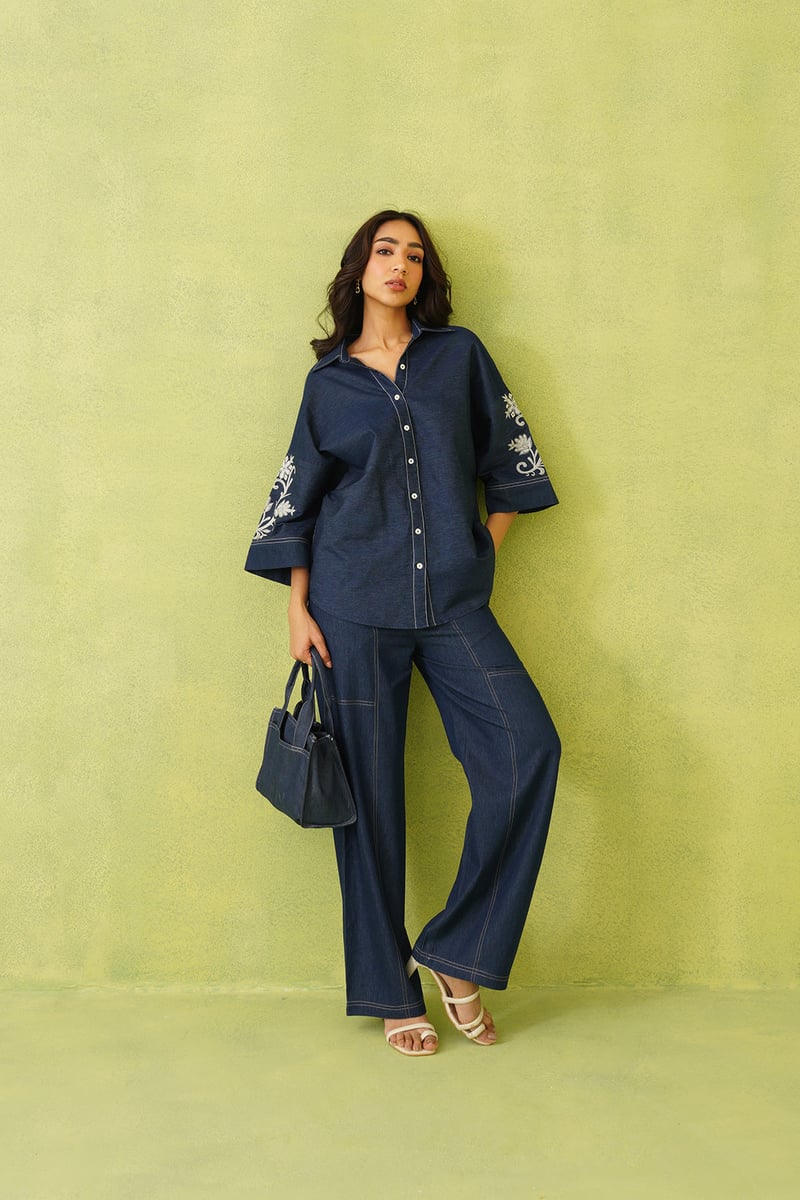Denim Blue Embroidered Shirt and Wide-Leg Co-ord Set