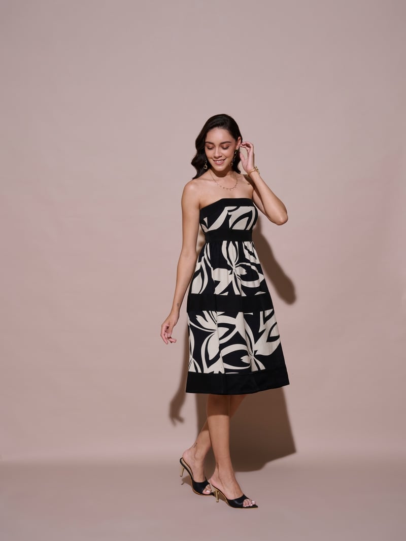 Black Strapless Abstract Print Midi Fit and Flare Dress