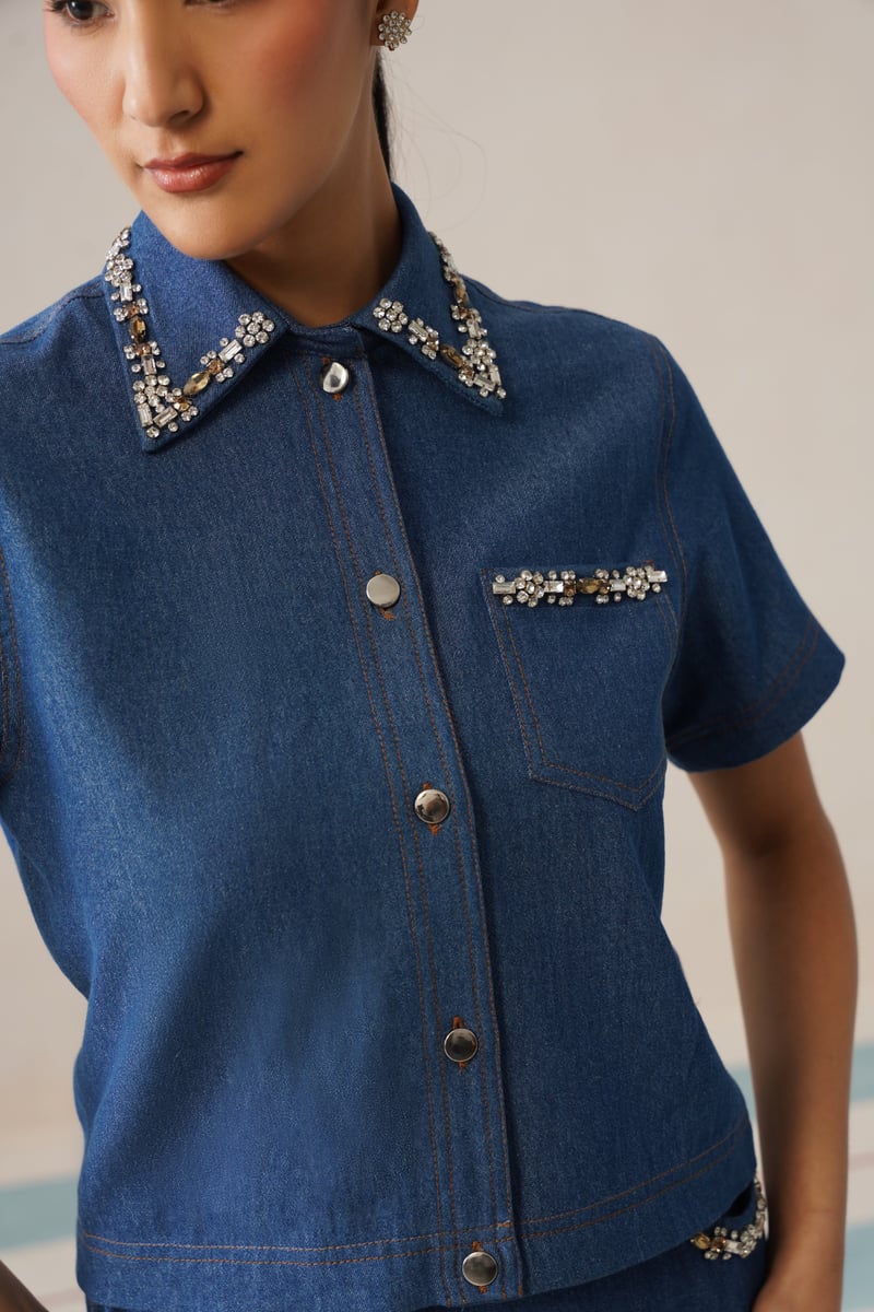 Blue Denim Embellished Collar Co-ord Set