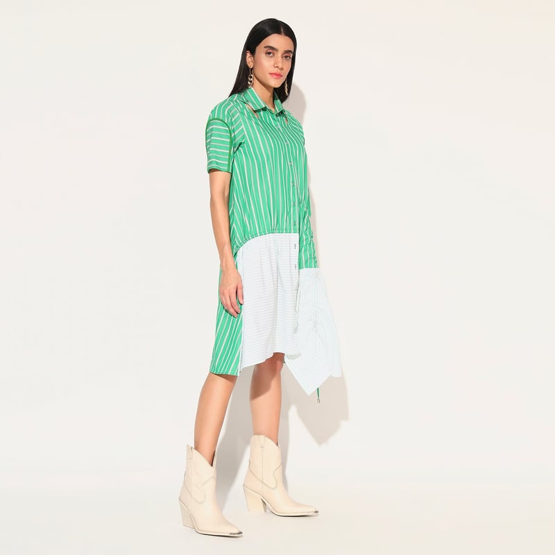 Green Striped Colorblock Cotton Shirtdress