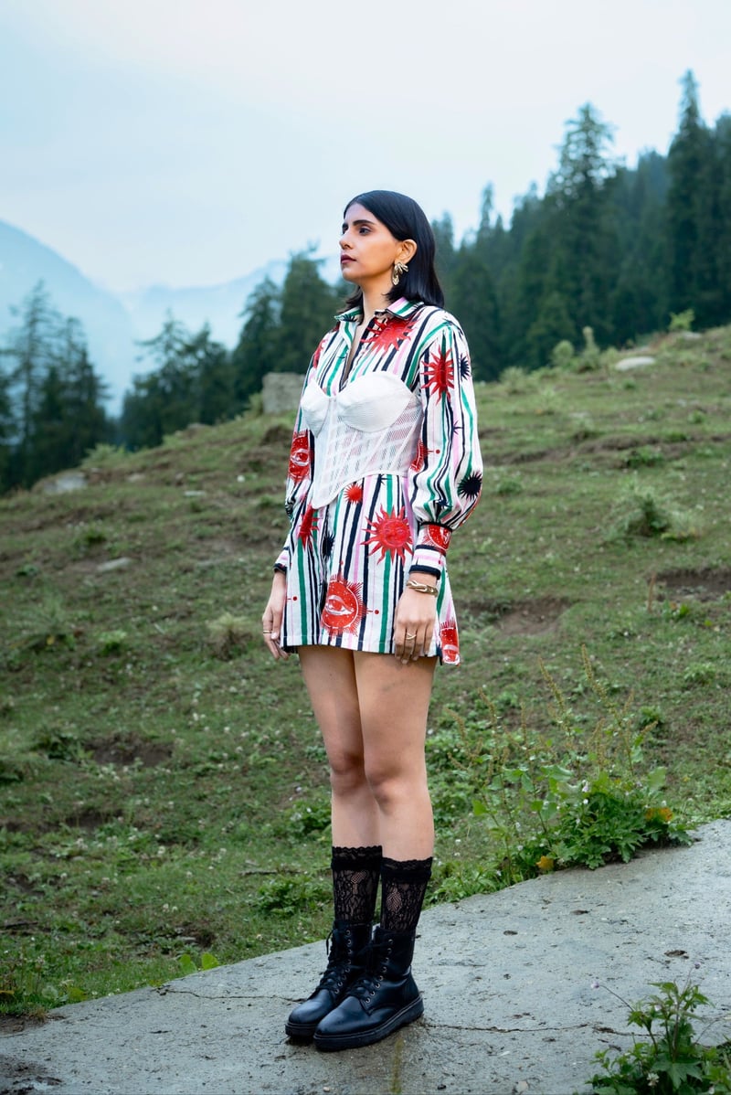 White/Green Printed Mini Shirt Dress