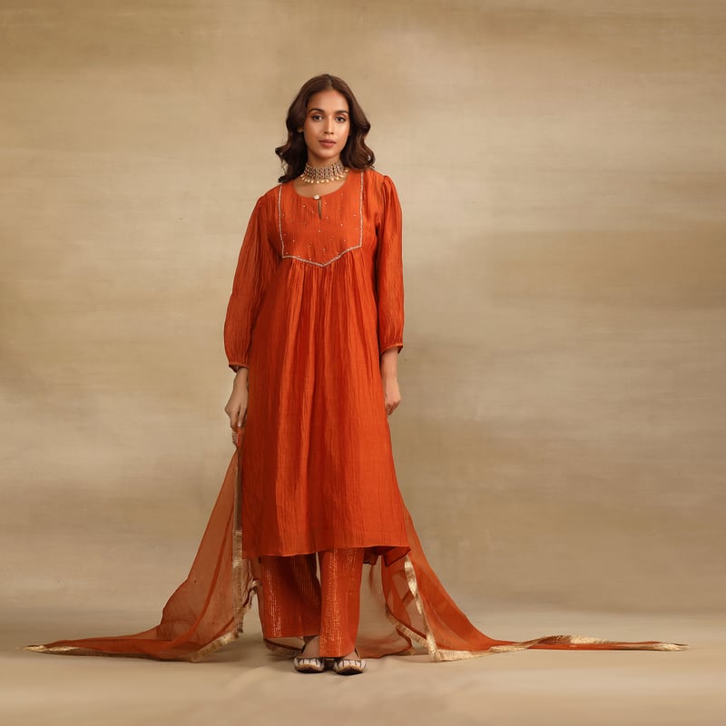 Burnt Orange Hand Embroidered Silk Chanderi Kurta Set