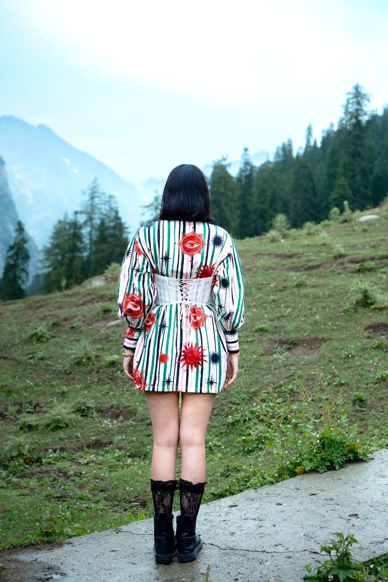 White/Green Printed Mini Shirt Dress