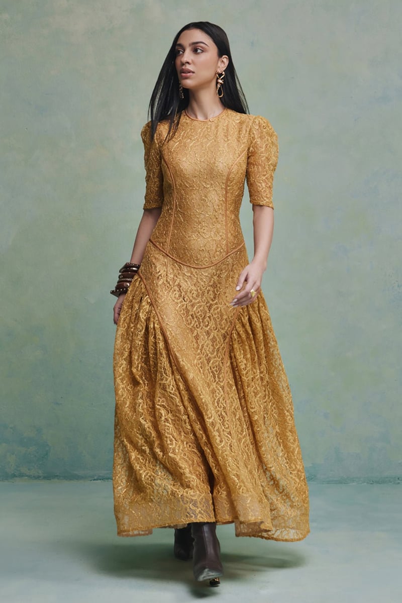 Yellow Chantilly Lace Basque-Waist Maxi Dress