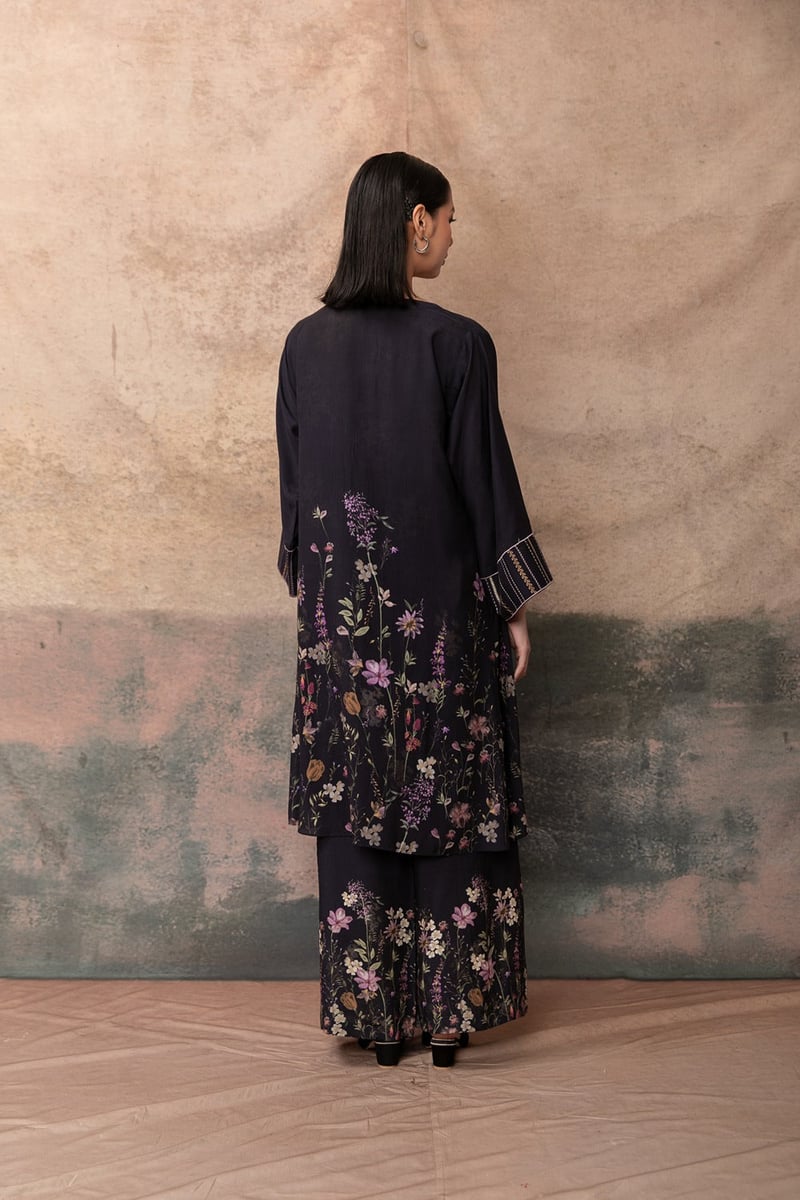 Black Printed Kurta and Wide-Leg Pants Co-ord Set