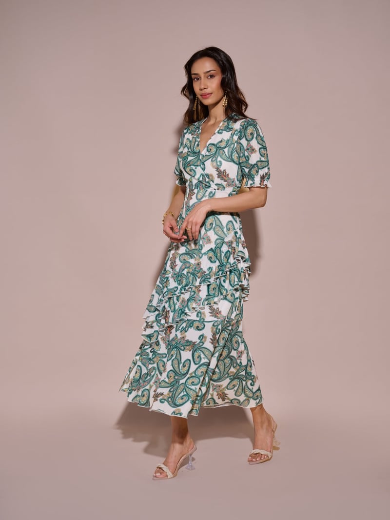 Green Paisley Print Wrap Midi Dress with Ruffle Tiers