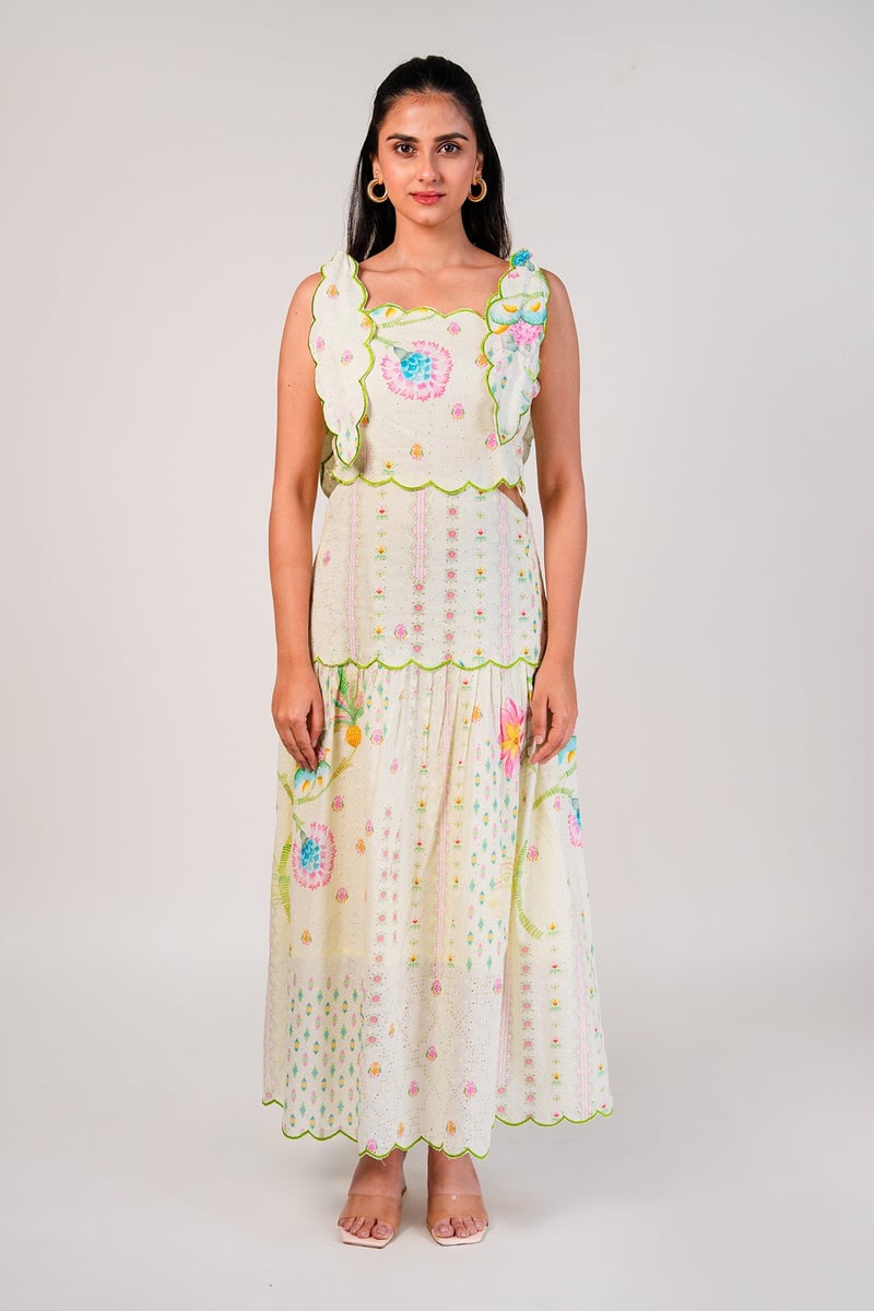 Ivory/Green Cotton Hakoba Scalloped Midi Sundress