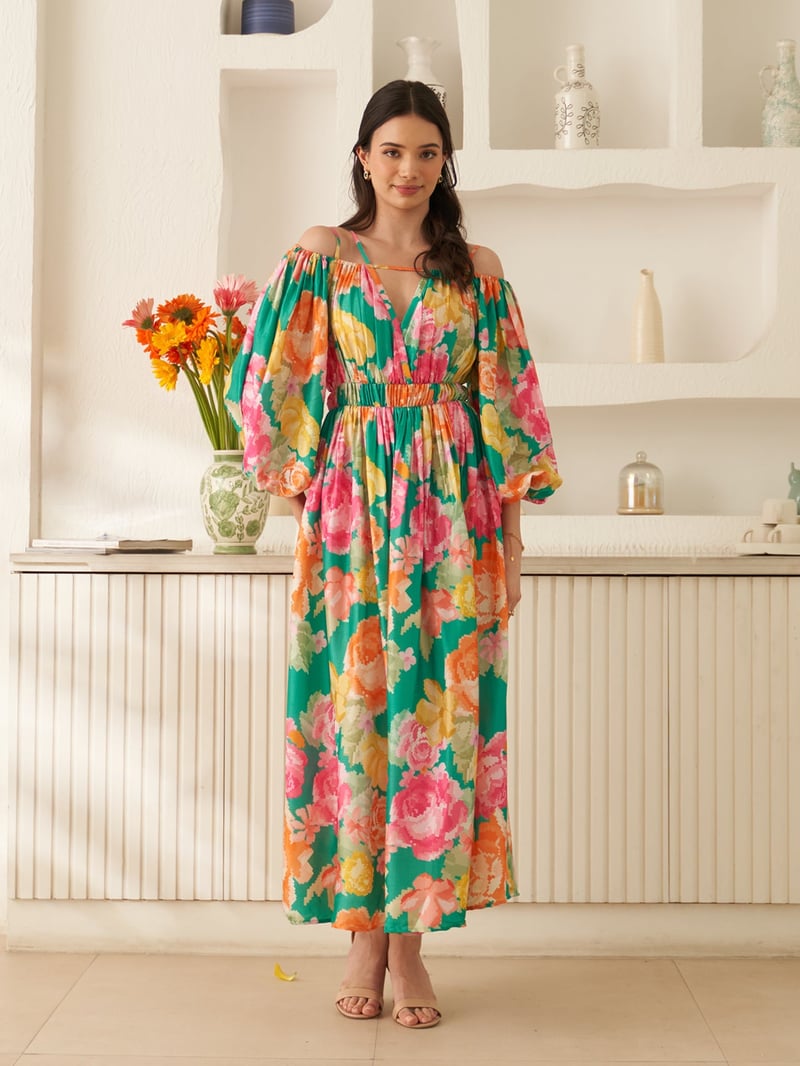 Green Floral Off-Shoulder Fit and Flare Midi Dress