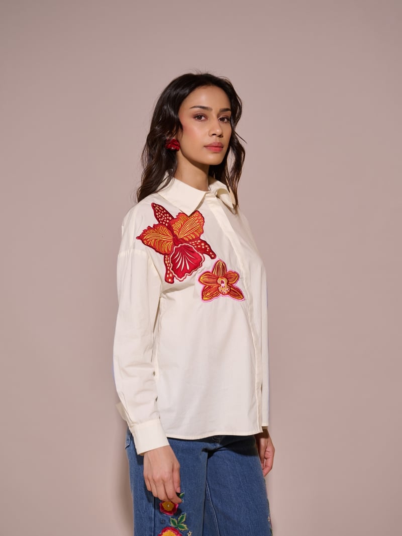 Off-White Floral Applique Button-Down Shirt