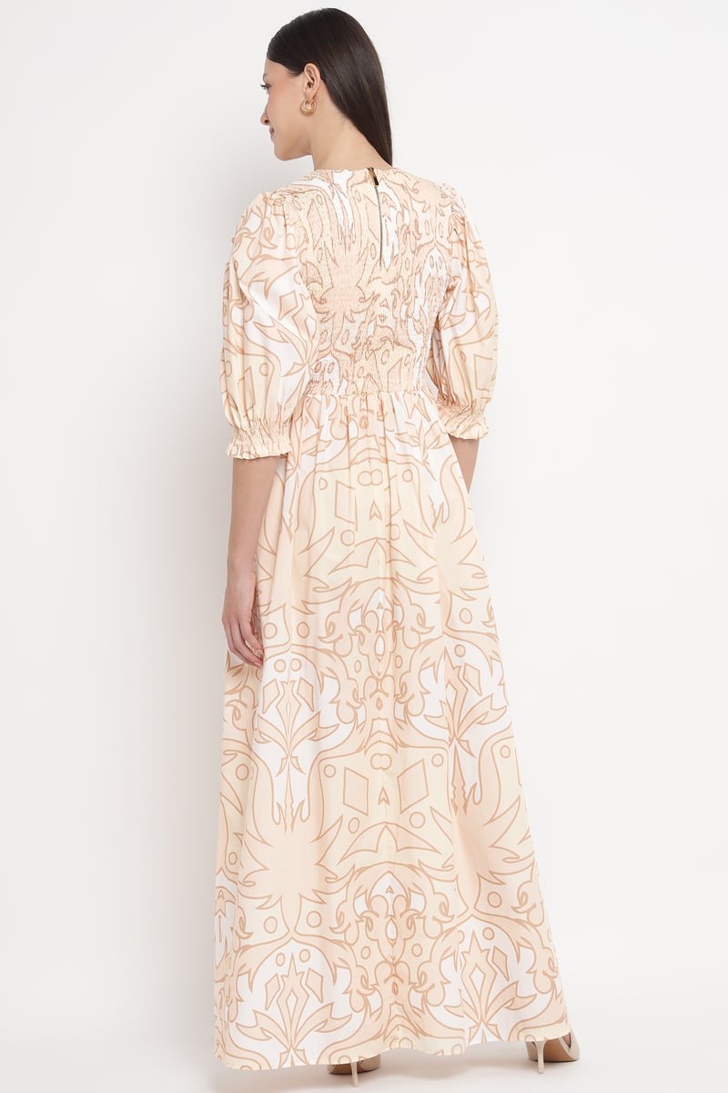 Palma Beig Abstract Print Smocked Maxi Dress
