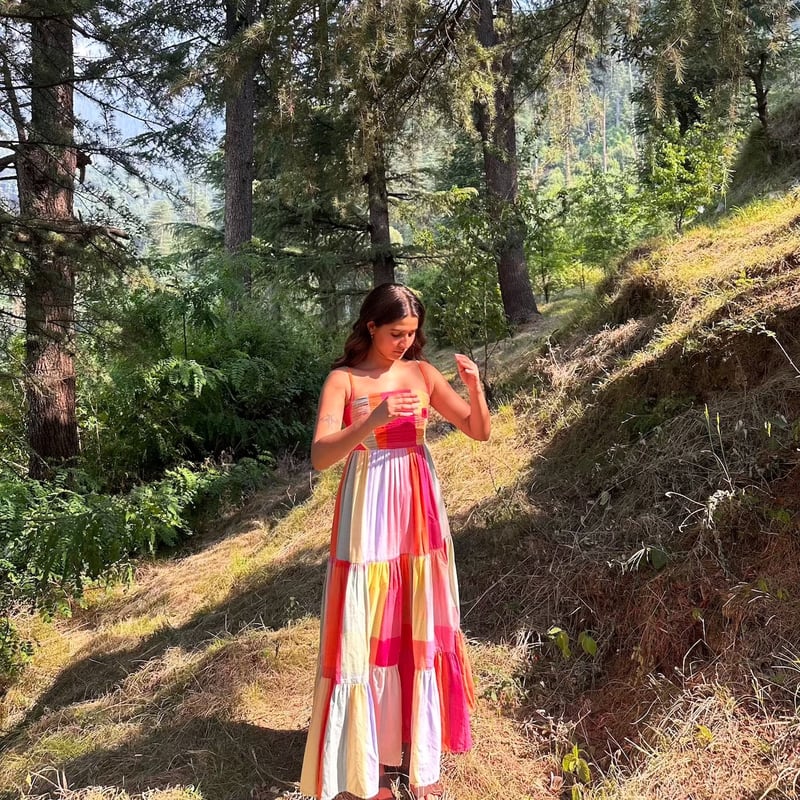 Multicolor Colorblocked Tiered Maxi Dress with Square Neck
