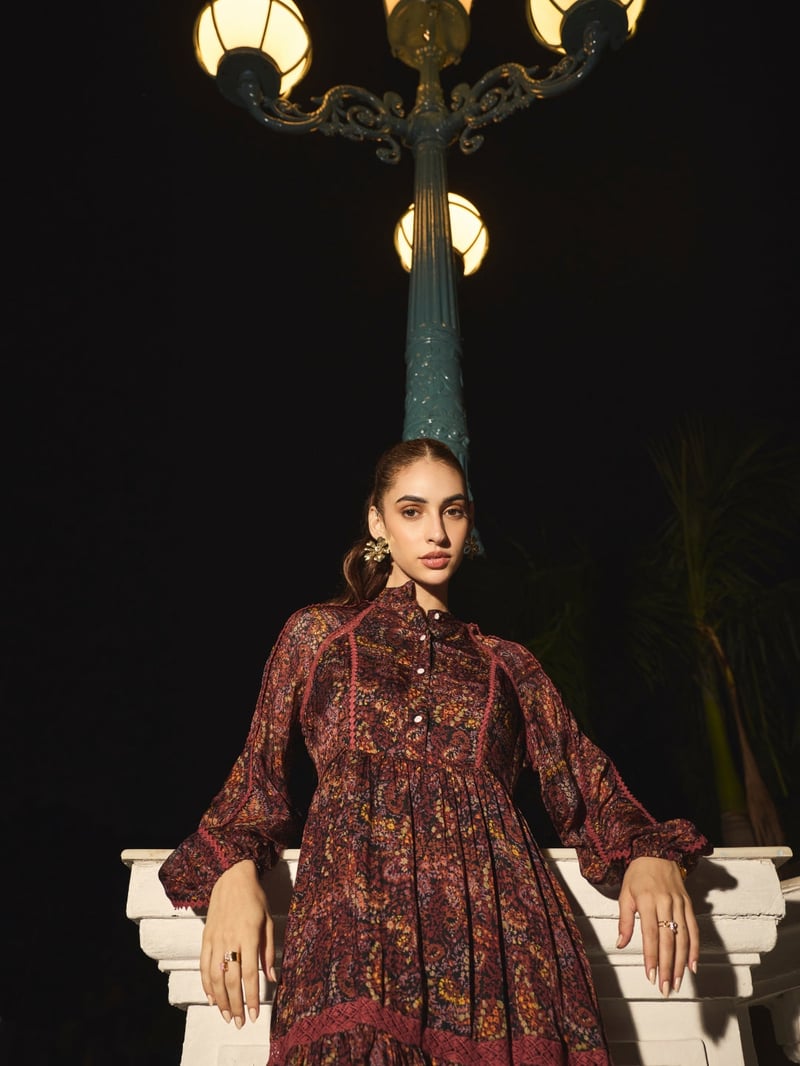 Wine Floral Printed Tiered Knee-Length Dress