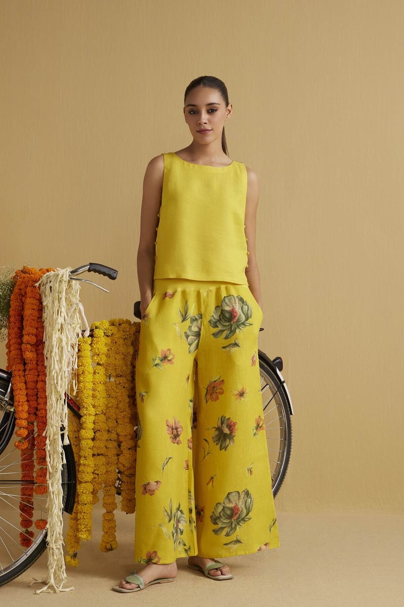 Bumblebee Yellow Linen Sleeveless Boat Neck Top