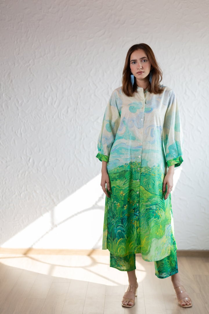 Multicolor Printed Button-Down Kurta Set with Pants