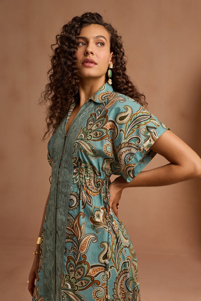 Blue Paisley Print Midi Shirt Dress with Waist Ties