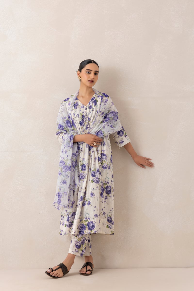 Purple/White Floral Flared Kurta Set with Palazzo and Dupatta