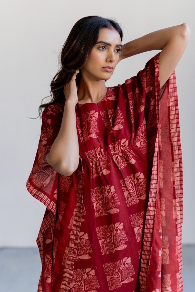 Red Hand Block Printed Cotton Midi Kaftan