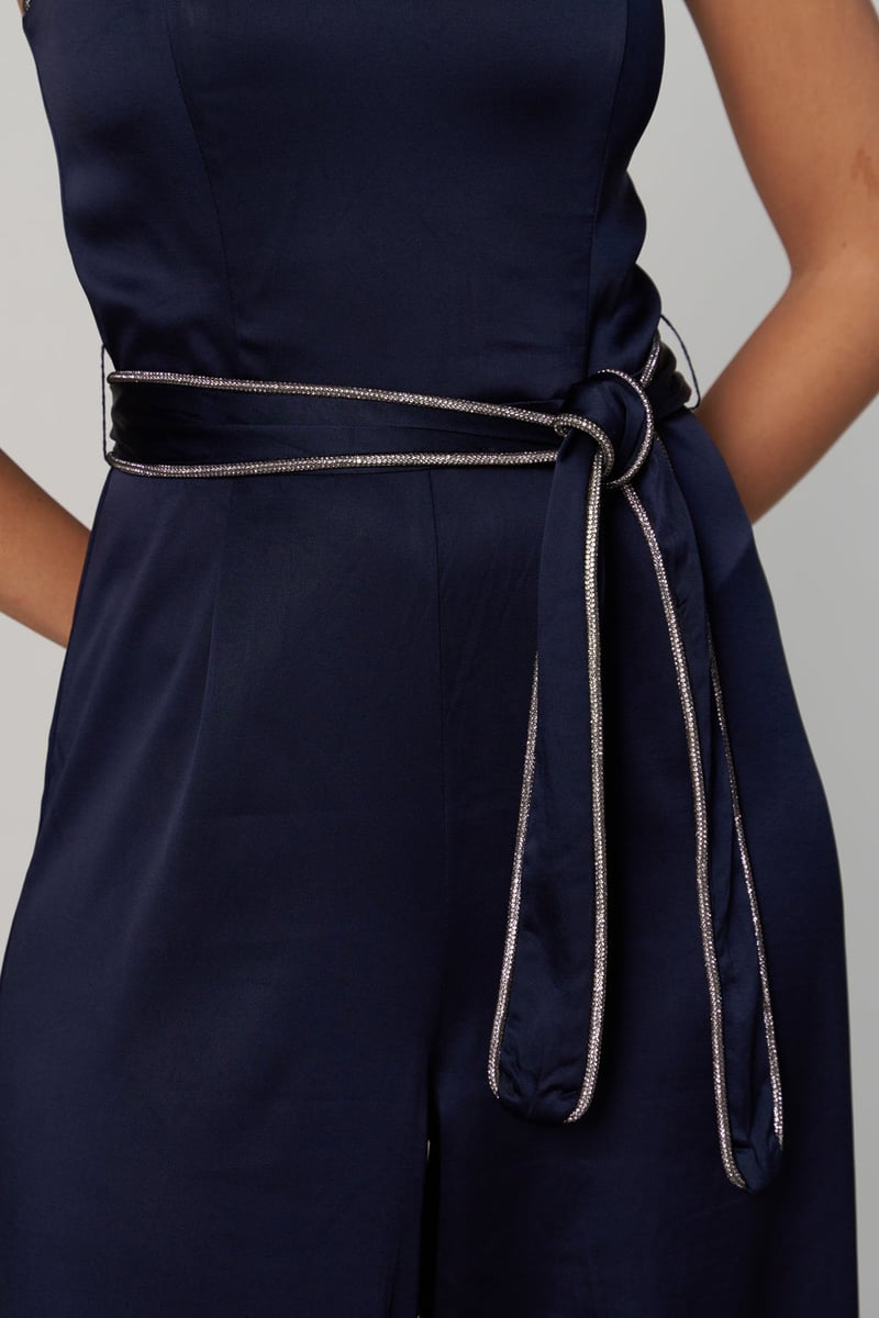 Navy Satin Strapless Sweetheart Jumpsuit with Belt
