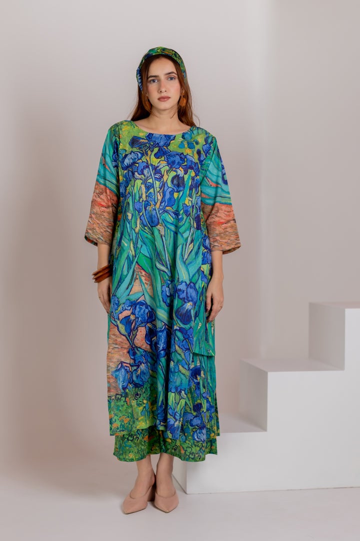 Aqua Blue Floral Printed A-Line Kurta and Pants Set