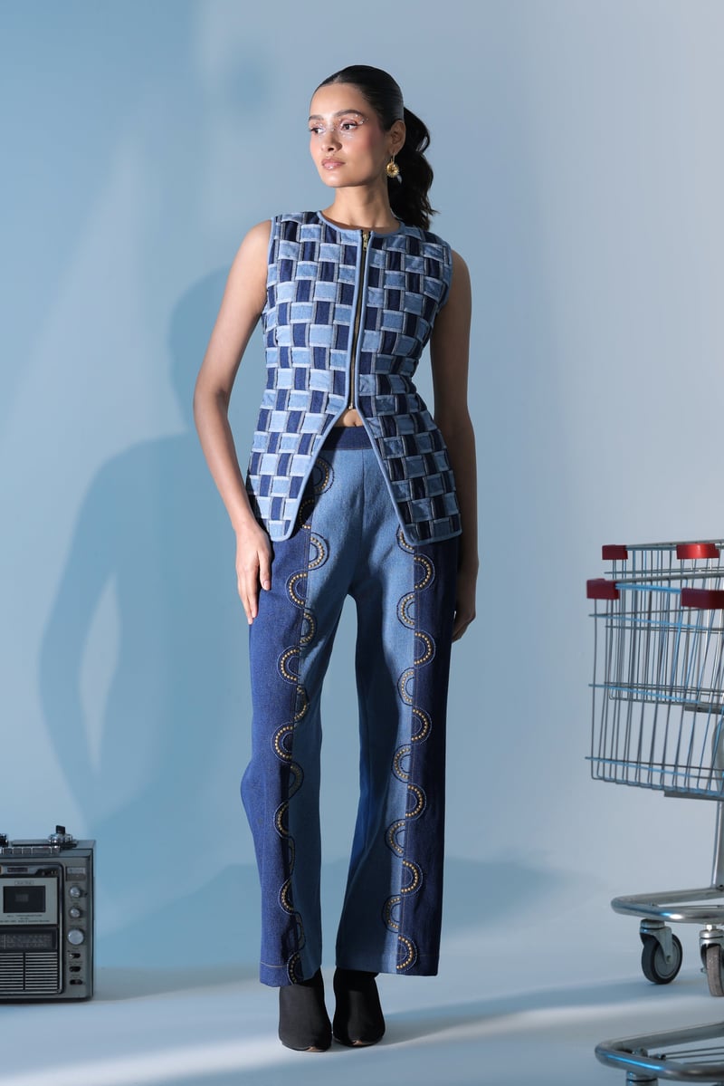 Blue Denim Basket-Weave Jacket and Wide-Leg Co-ord Set — MANVI DAGA STUDIO