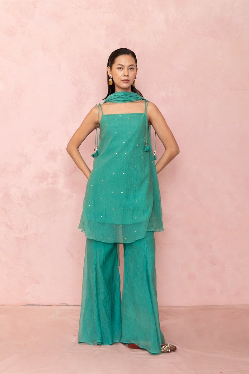 Green Square-Neck Kurta Sharara Suit Set with Dupatta