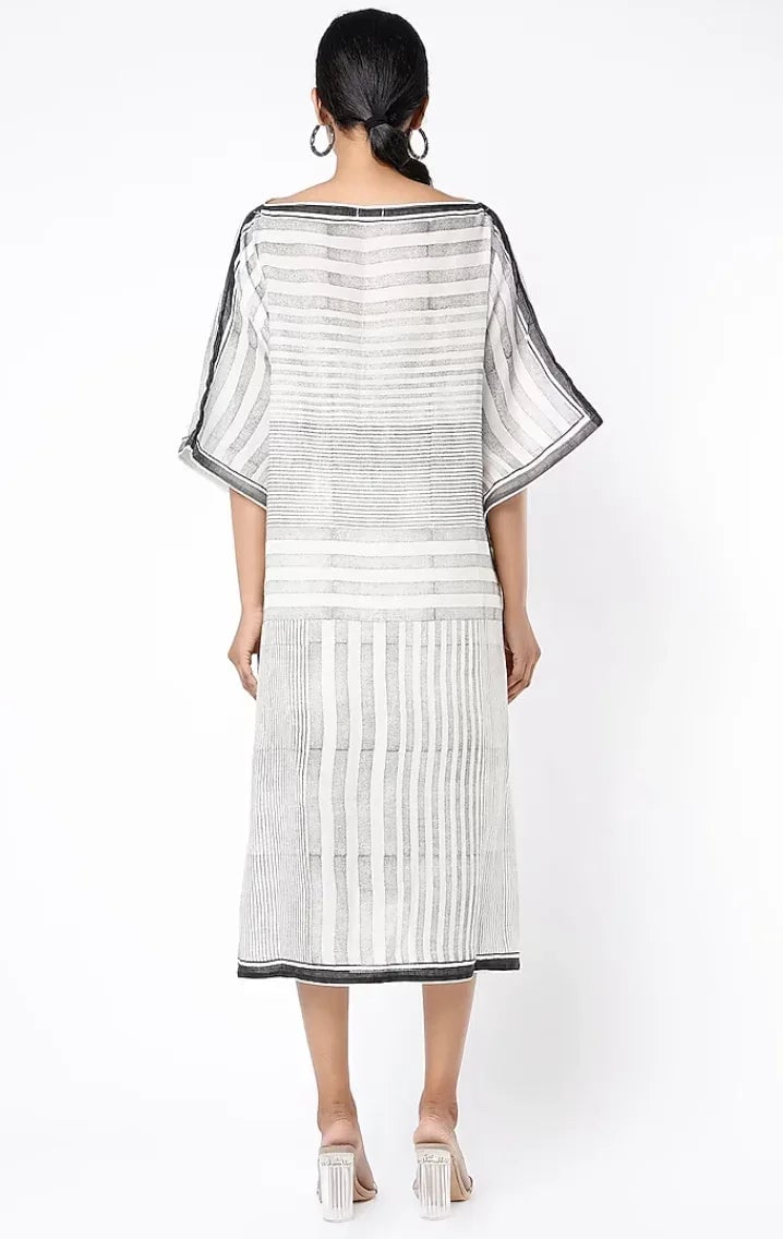 Black and White Striped Boat Neck Cotton Kaftan
