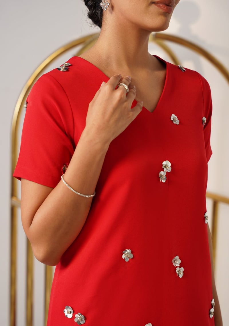 Red Knee-Length Shift Dress with 3D Floral Applique