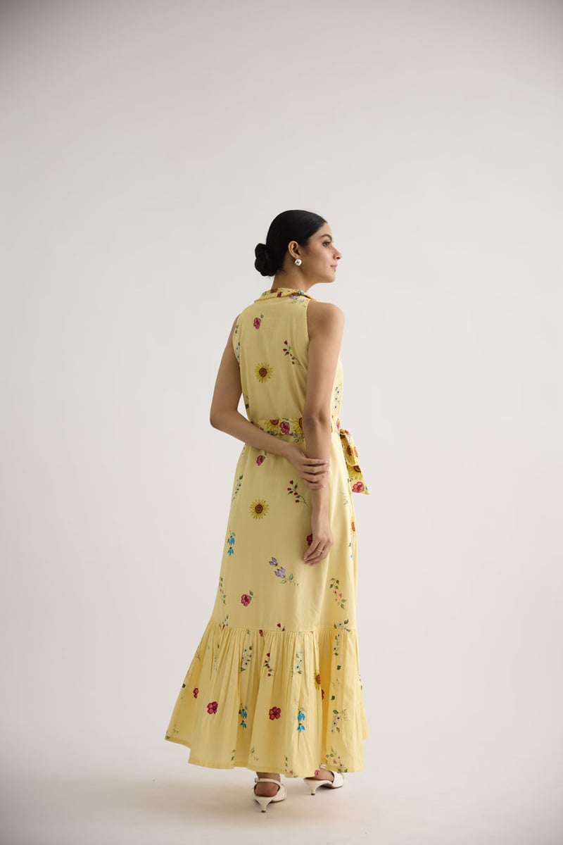 Yellow Floral Printed Tiered Maxi Dress with Waist Tie