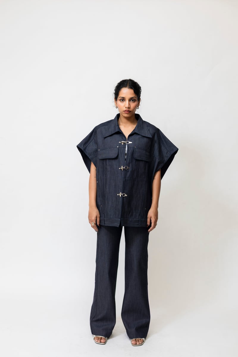 Navy Blue Oversized Herringbone Denim Utility Jacket