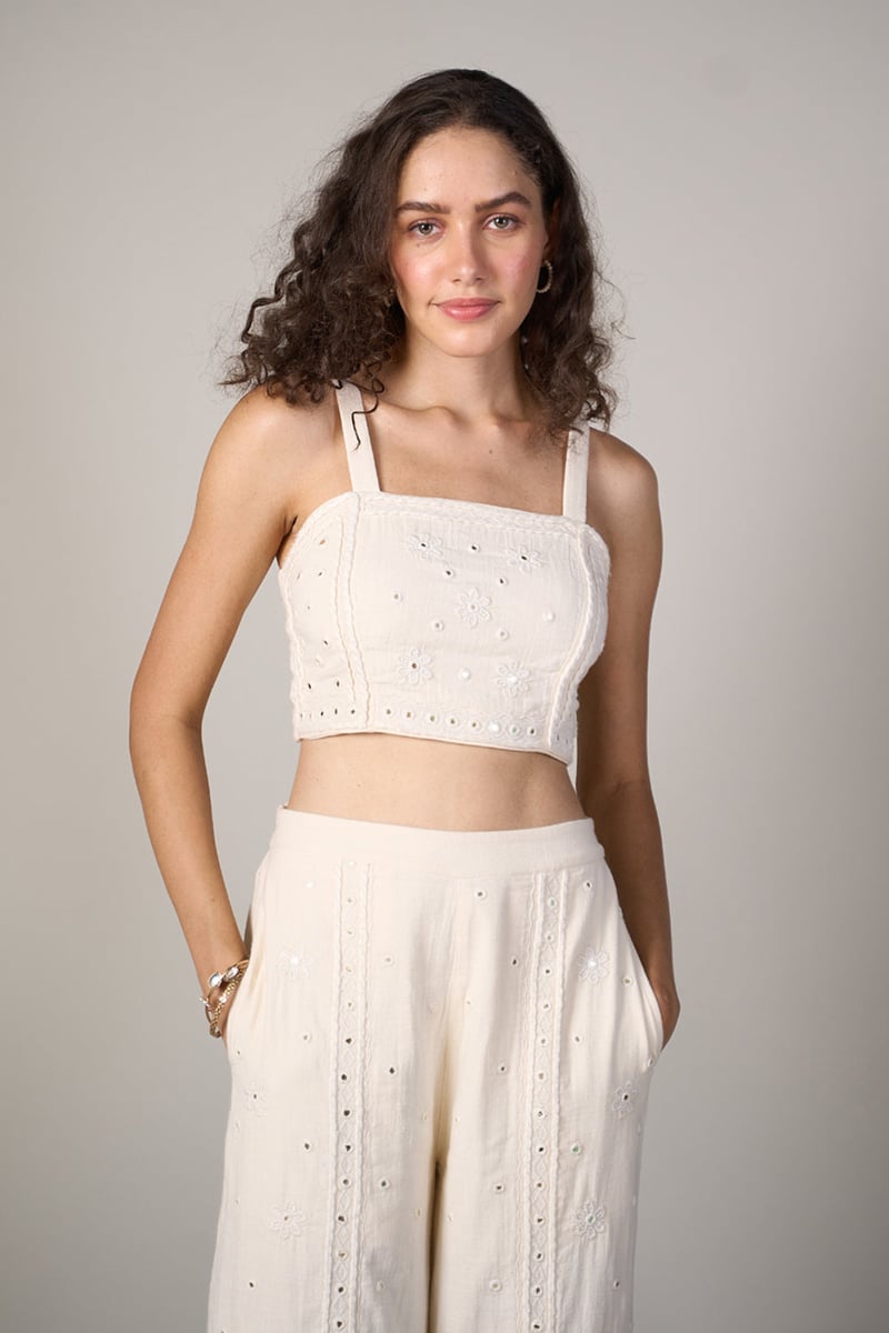 White Square Neck Mirror Embroidered Crop Top