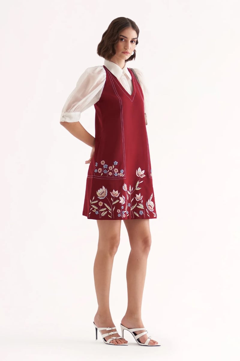Plum A-Line Mini Dress with Sheer Sleeves and Embroidery