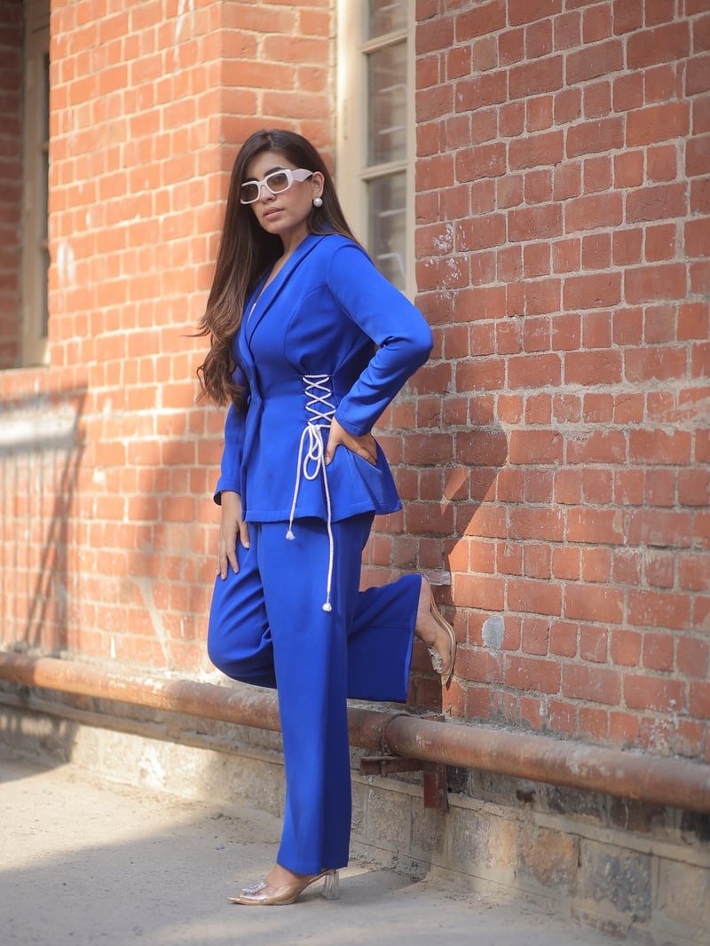 Blue Tailored Blazer and Wide-Leg Pants Co-ord Set