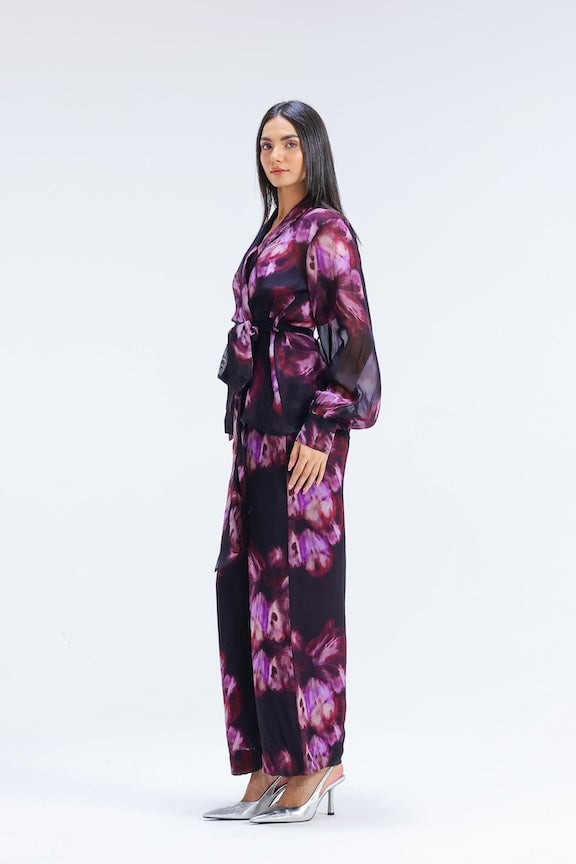 Plum Printed Organza Wrap Jacket and Straight Pants Co-ord Set