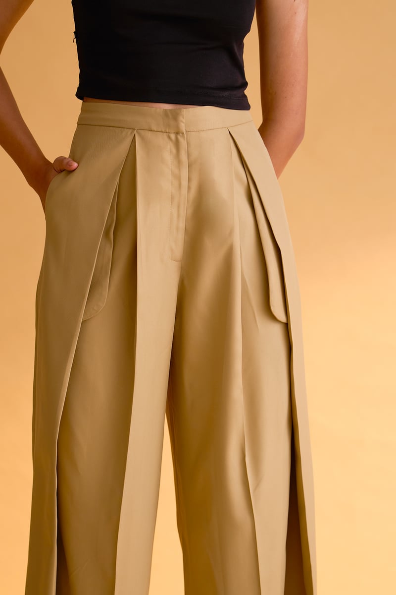 Beige High-Rise Wide-Leg Pleated Trousers