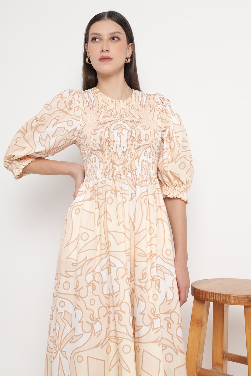 Palma Beig Abstract Print Smocked Maxi Dress