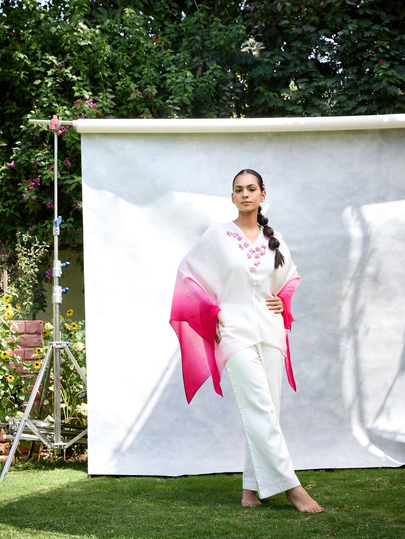 White/Pink Ombre Draped Cape Top with 3D Floral Neck
