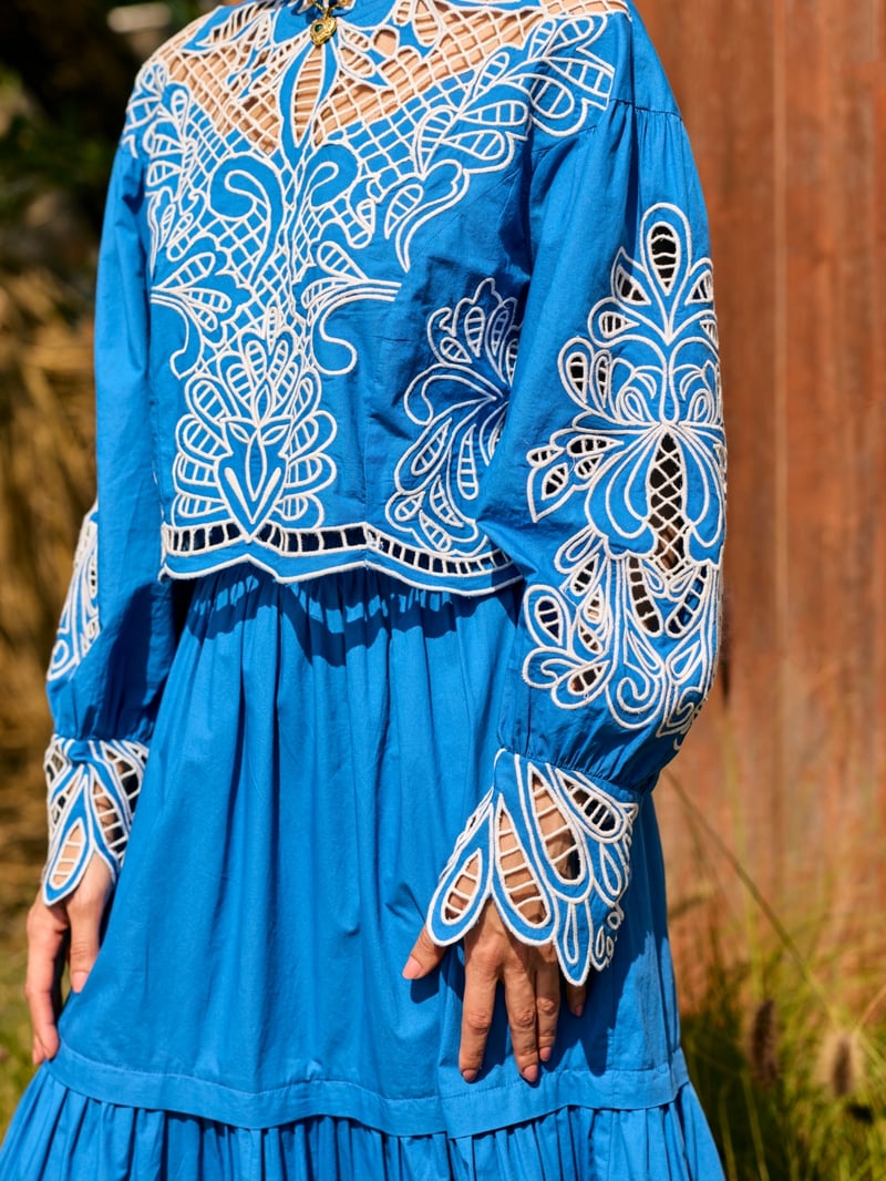 Blue Cotton Cutwork Embroidered Crop Top