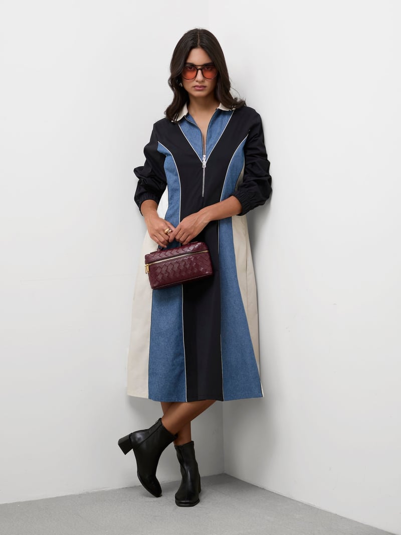 Black Colourblock Zip-Front Midi Dress