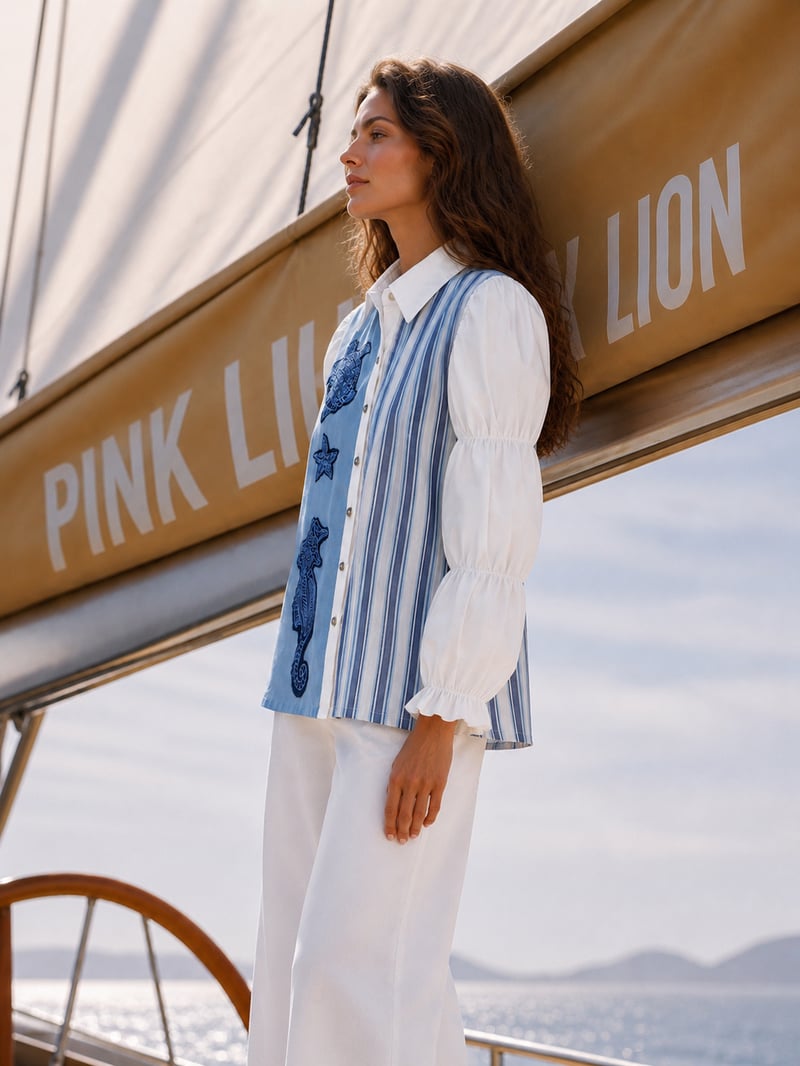 Blue Colorblocked Cotton Shirt with Striped Panel