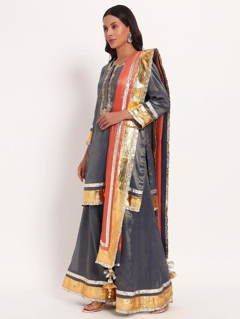 Grey-Blue Cotton Tissue Sharara Kurta Set with Dupatta