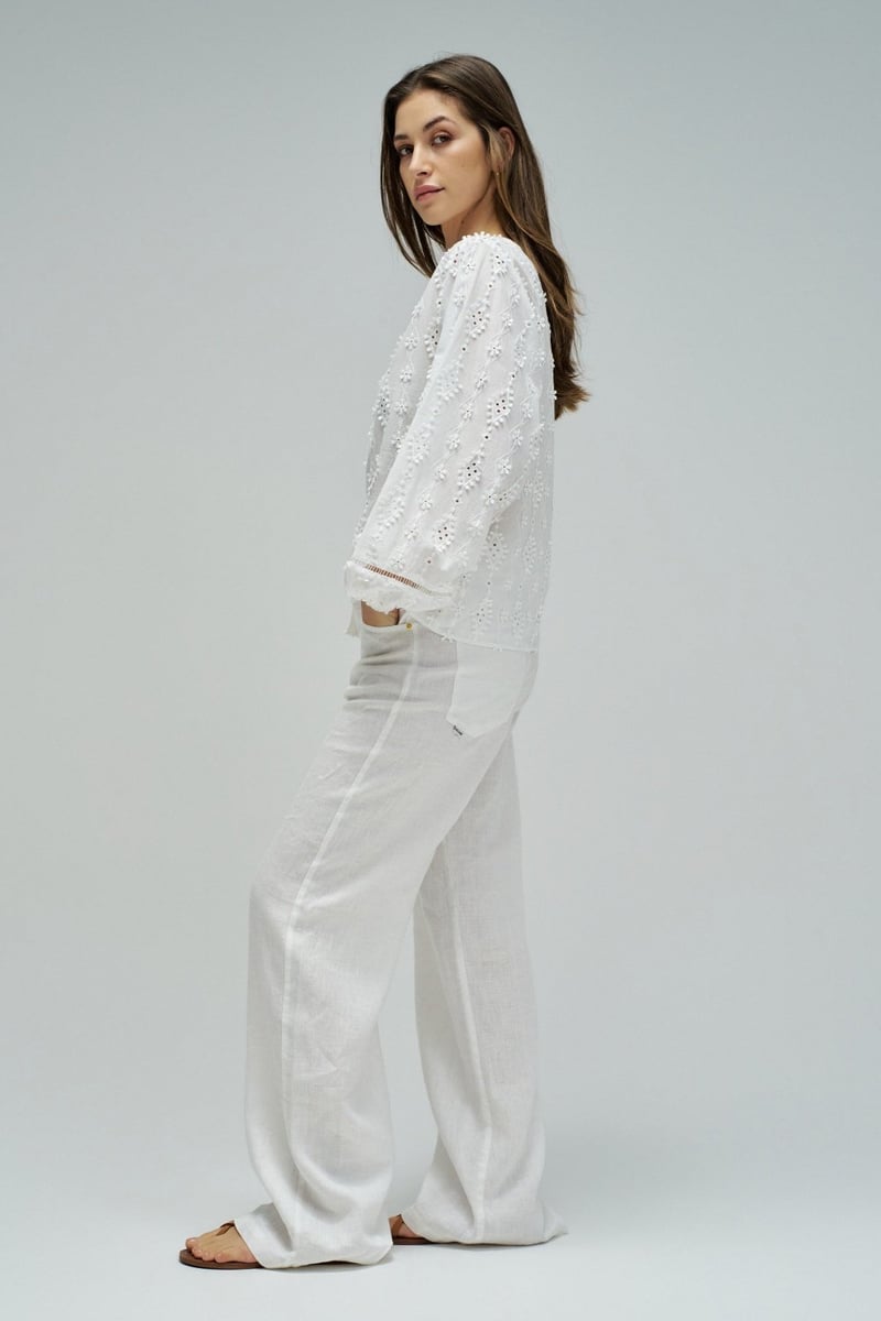 White Cutwork Embroidered V-Neck Blouse with Puff Sleeves