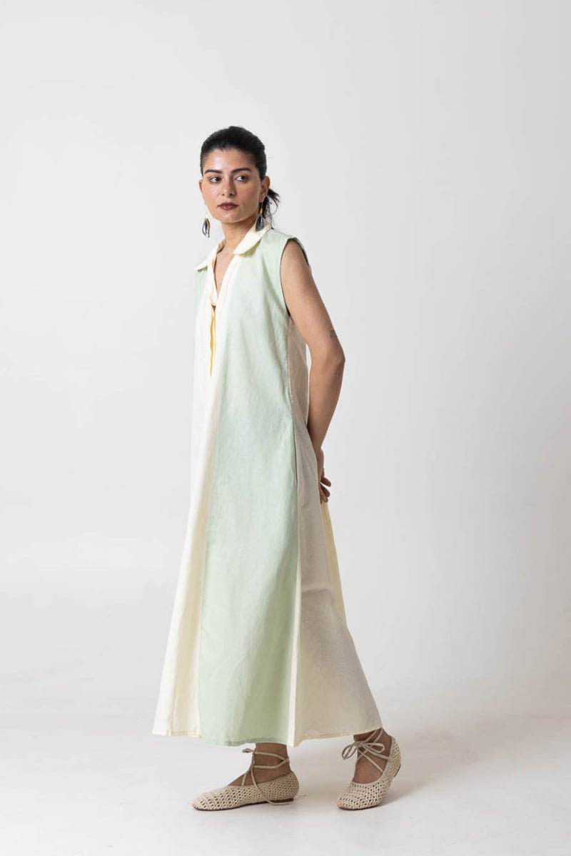 Mint and Off-White Colorblocked Maxi Shirt Dress
