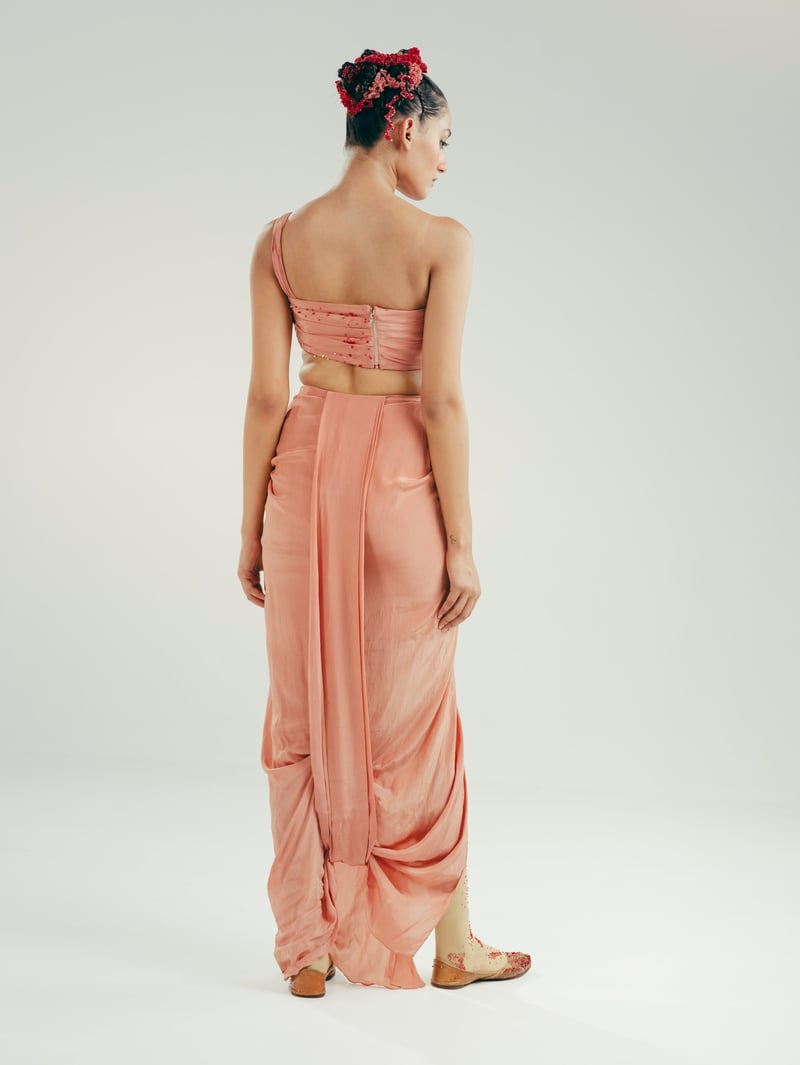 Pink One-Shoulder Bustier and Draped Dhoti Skirt Set