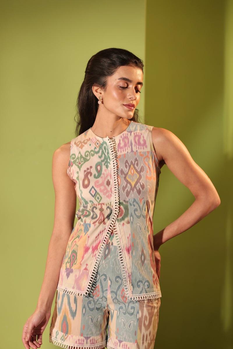Pastel Multicolor Printed Waistcoat and Shorts Co-ord Set